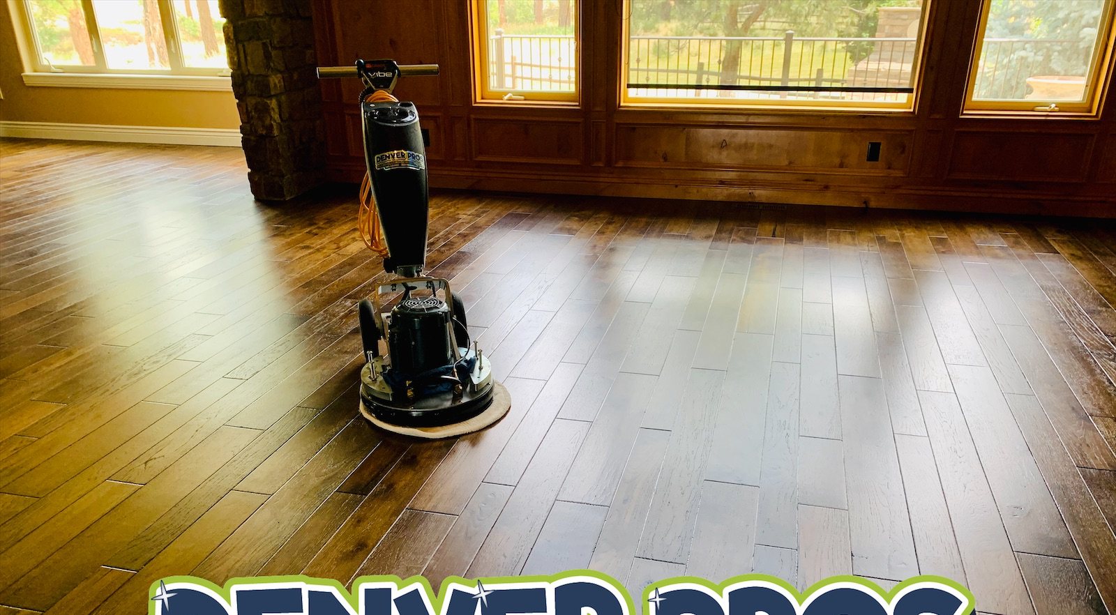 Freshly buffed hardwood floor with a Denver Pros floor buffer in a Denver Metro home