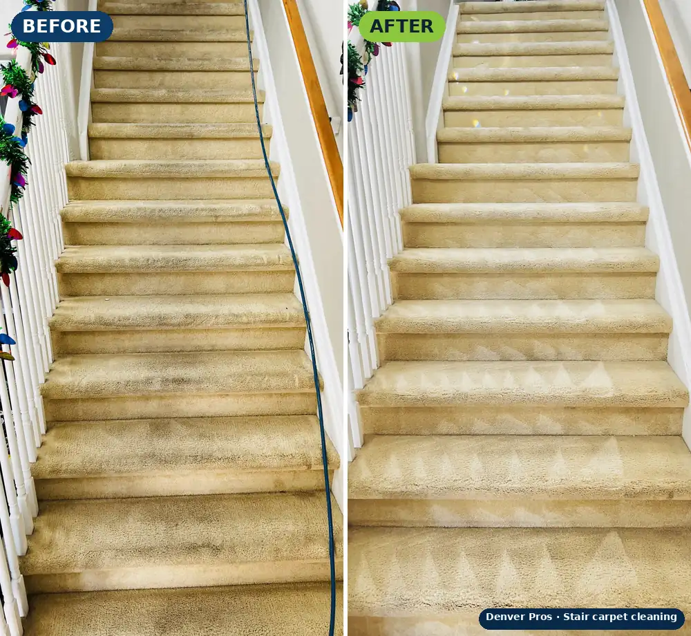 Carpeted stairs before and after professional cleaning by Denver Pros